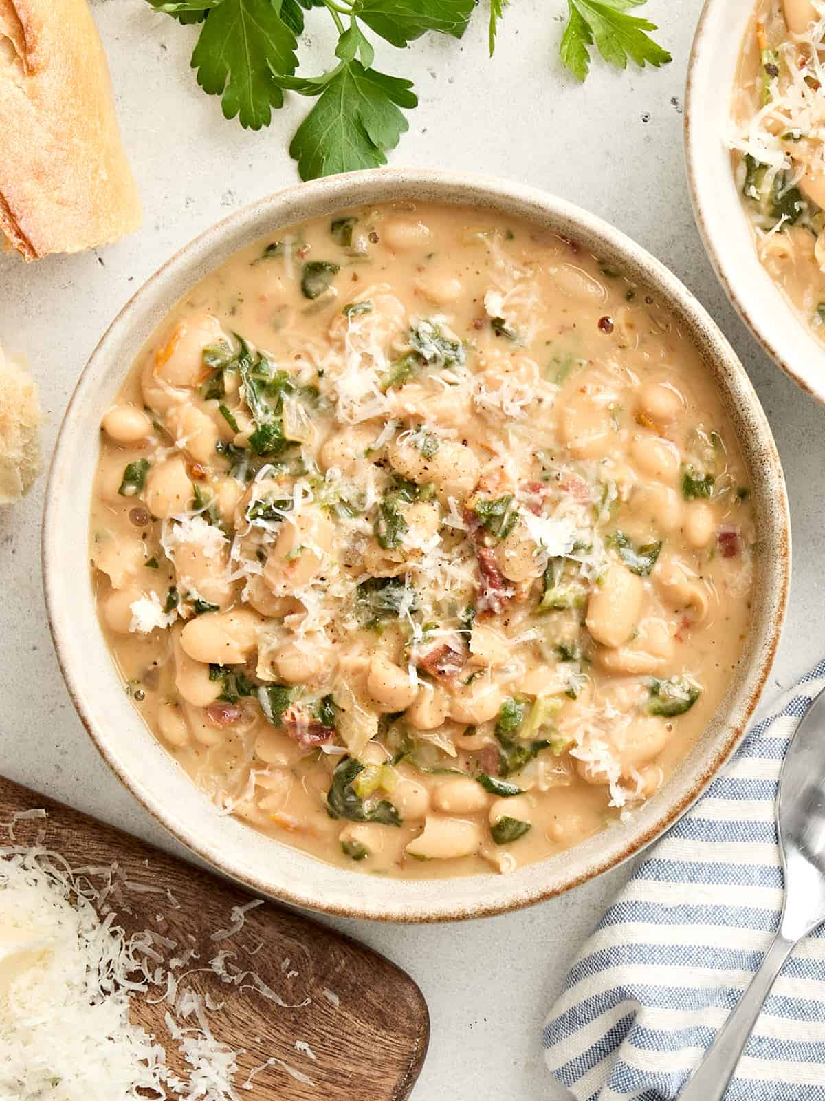 Overhead view of a bowl of marry me white beans.