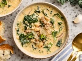 Overhead view of a bowl of zuppa toscana.