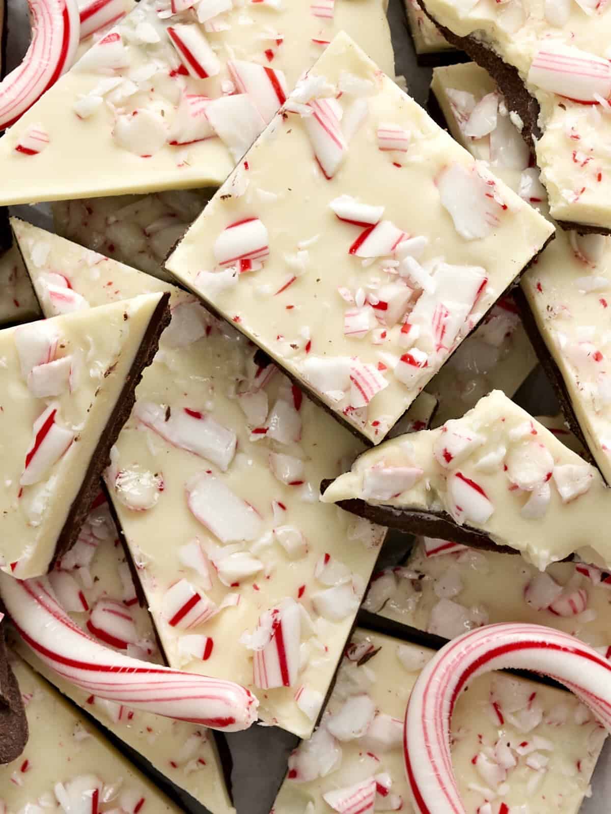 Overhead close up of peppermint bark.