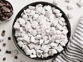 Overhead view of puppy chow in a bowl.