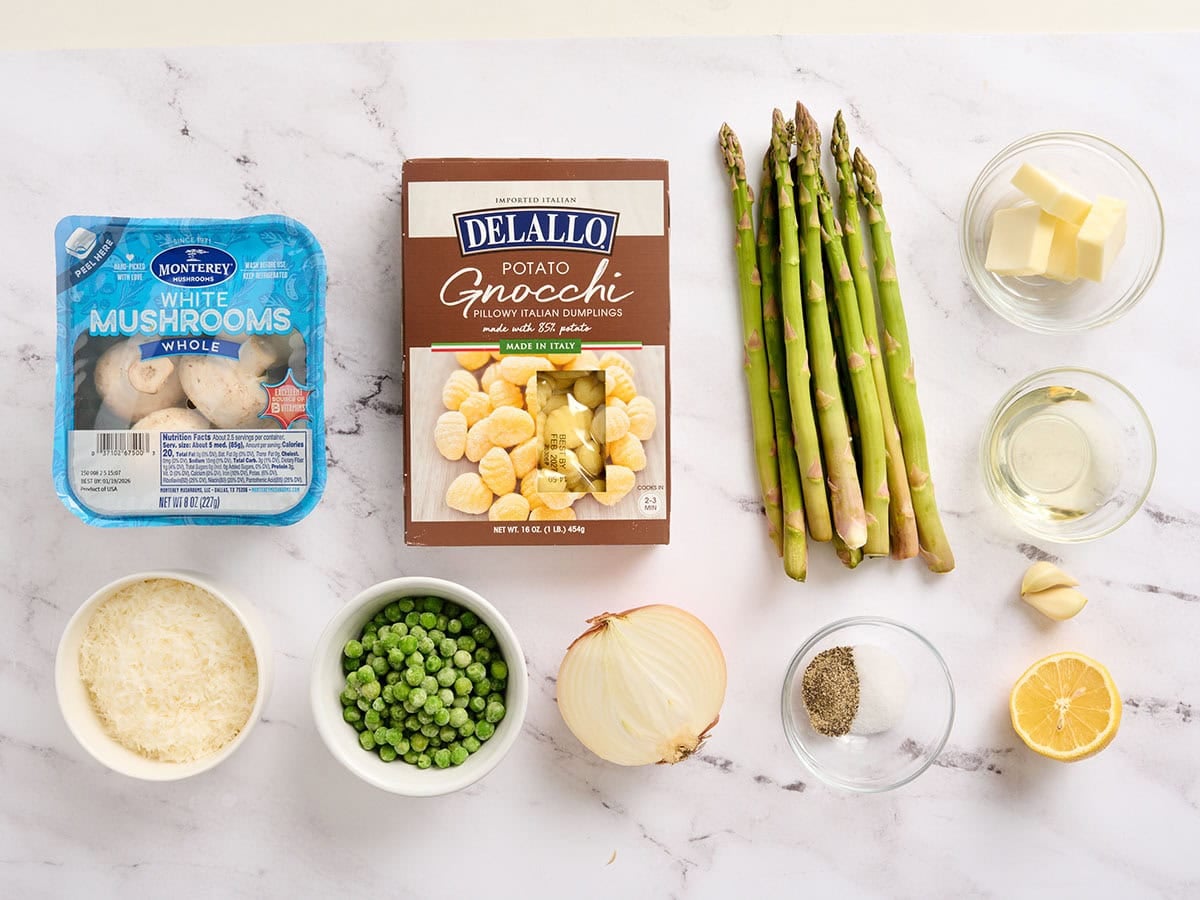 The ingredients to make potato gnocchi with spring vegetables.