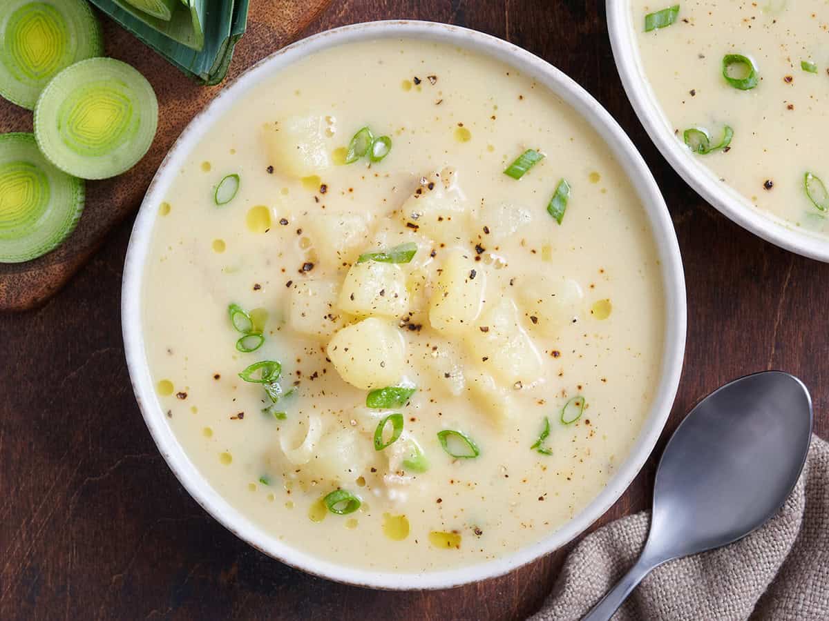 Overhead view of potato leek soup in a bowl.