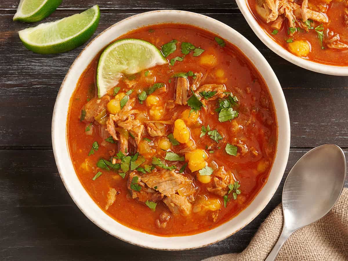 Overhead view of a bowl of homemade 30 minute pozole.