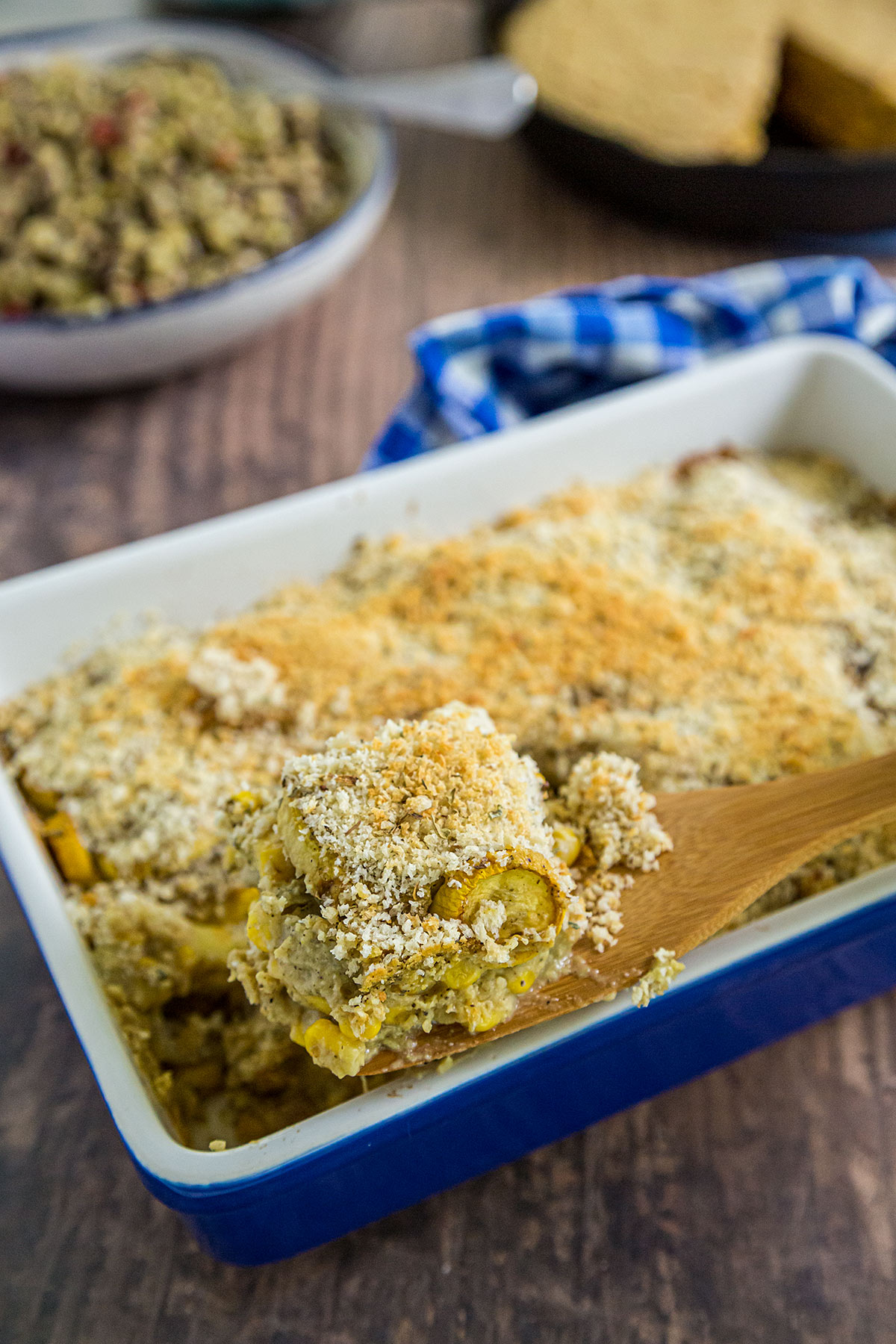 Vegan Yellow Squash and Corn Casserole in casserole dish