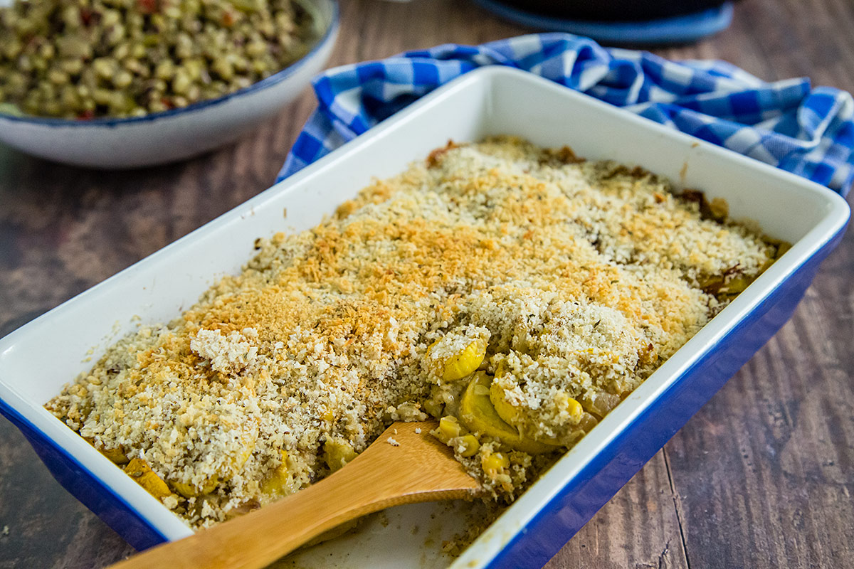 Vegan Squash and Corn Casserole in casserole dish