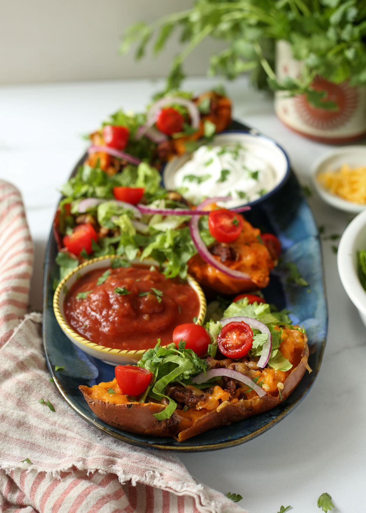 A blue platter with taco sweet potatoes, salsa, and sour cream.