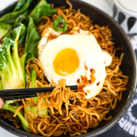 Chili Crisp Yakisoba - Pan fried noodles with bok choy and chili crisp fried egg.