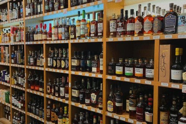 bottles of whiskey on a liquor store shelf